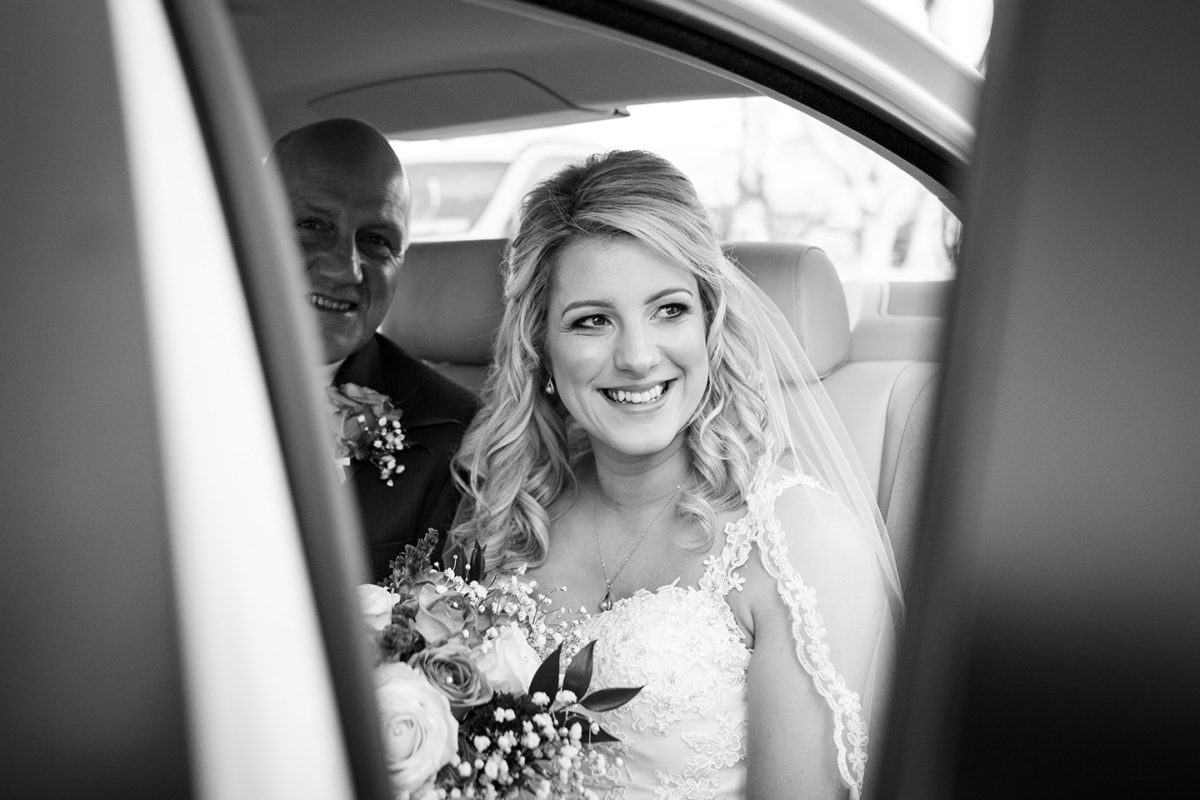 bride in wedding car at lecanvey church westport